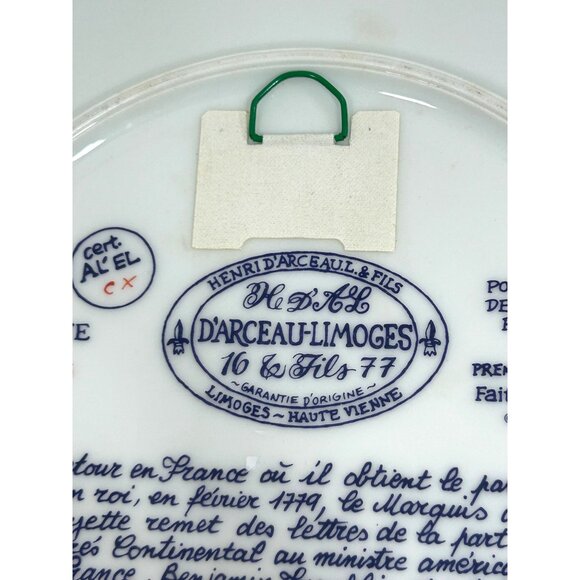 Henri D’Arceau Limoges Vintage Plate 1977 Lafayette Benjamin Franklin Message Fr - Picture 9 of 14